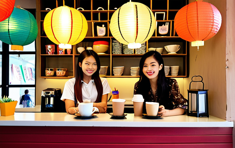 **

Prompt: A cozy, slightly chaotic Vietnamese coffee shop ("quán cà phê") interior. Focus on "take-away" style coffee cups stacked near the counter, and a separate corner with vibrant, Instagrammable decorations (e.g., colorful lanterns, unique furniture).  Visualize young Vietnamese office workers in business attire quickly grabbing coffee and young adults posing for photos in the decorated corner.  Overall vibe is busy but welcoming. Style: Realistic, slightly warm lighting.

**